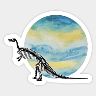 Dinosaur Skeleton in Space Blue Yellow Planet Sticker